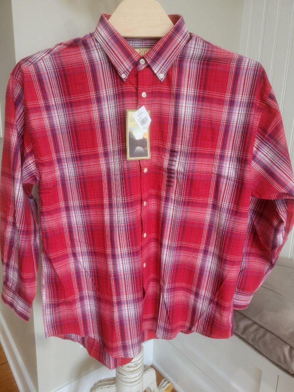 Sun River Clothing Co. Shirt XL Red White Plaid Long Sleeve Button Down New